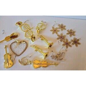 Ornament Lot Gold Tone Plastic and Metal 17 Pieces Horns Strings Snowflake
